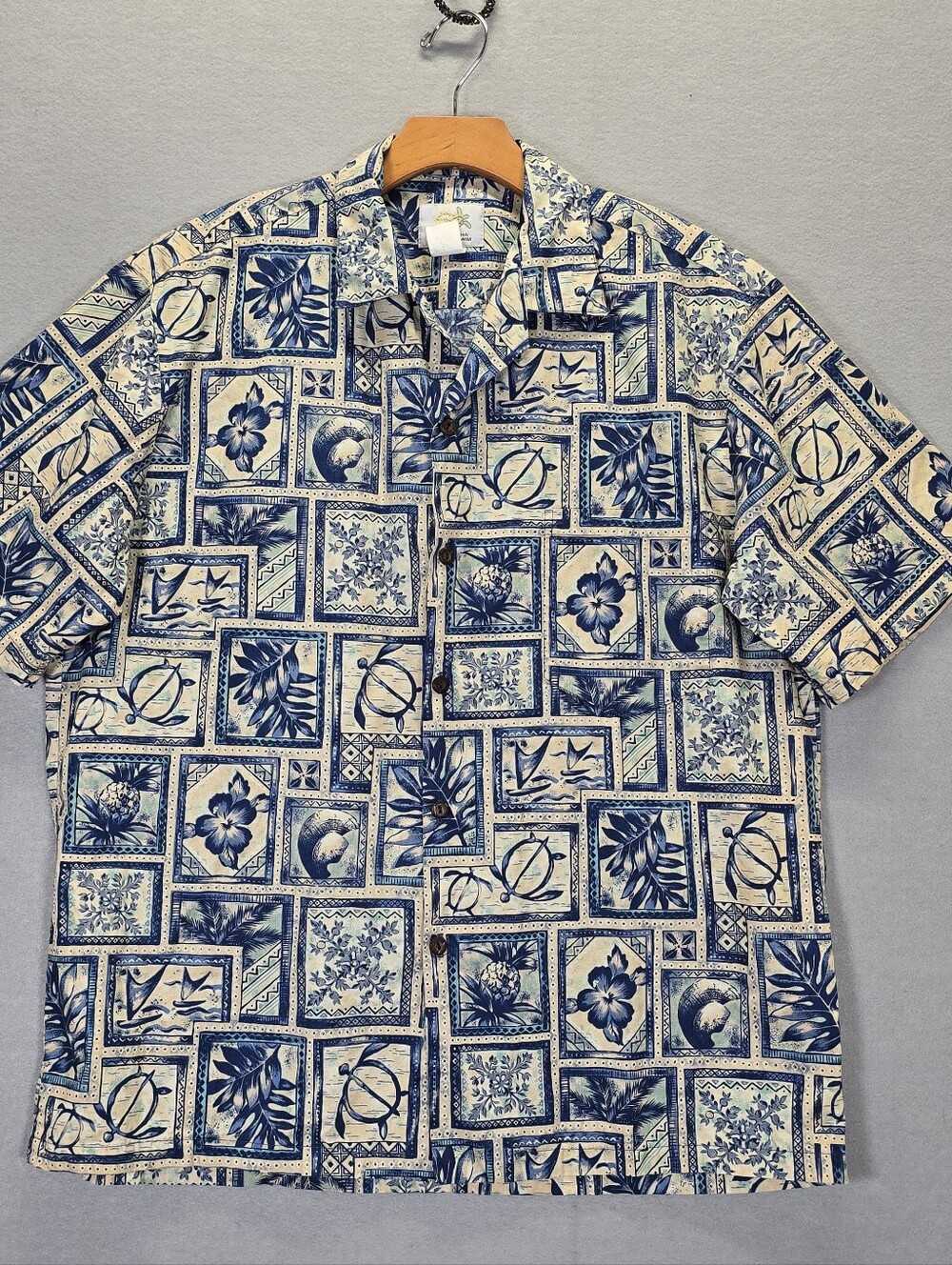 HO ALOHA Hawaiian Shirt Button Up Tribal Made In Hawaii Men's Size Large